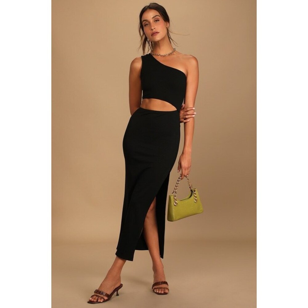 Lulus Spice Things Up Black Ribbed One-shoulder Cutout Midi Dress - Size L